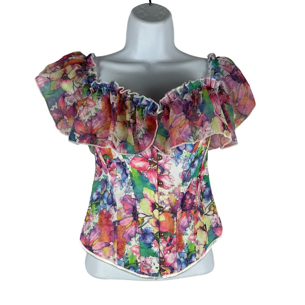Womens Floral Ruffled Off-Shoulder Corset Top With Lace-Up Back Size S